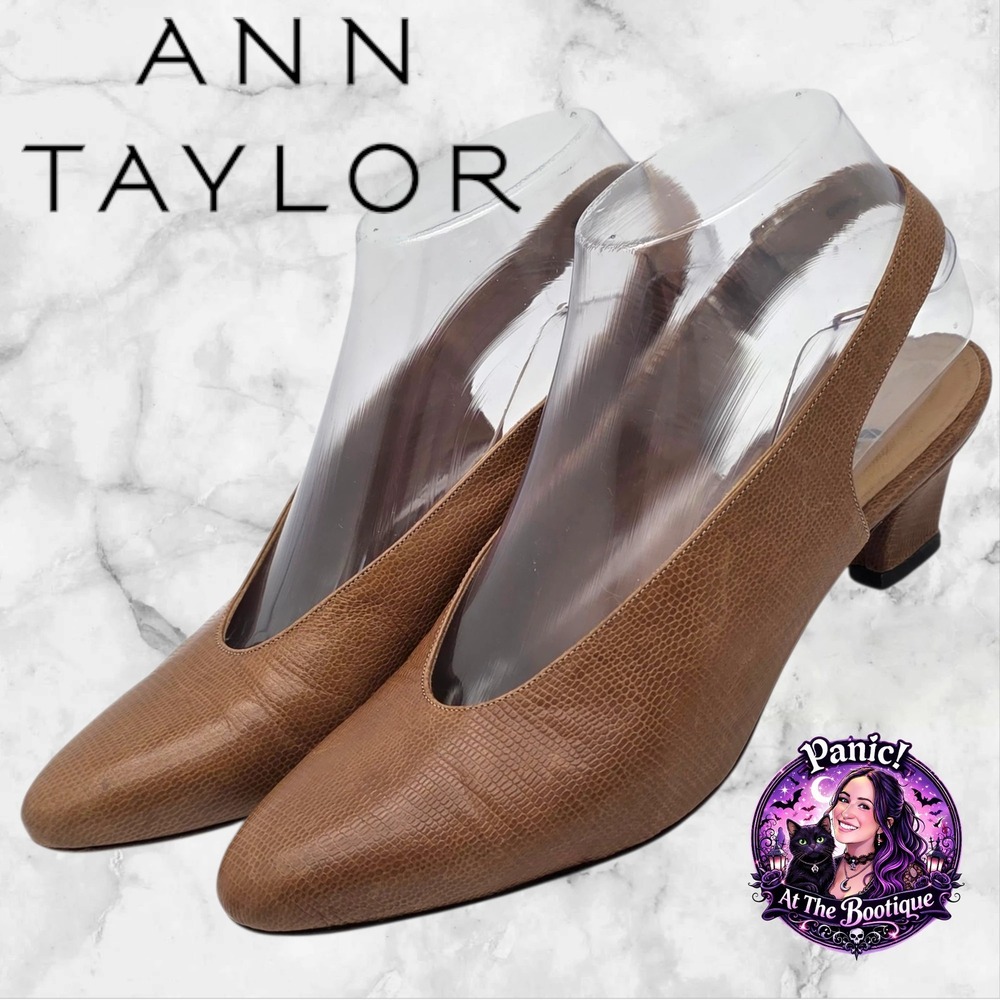Ann Taylor Slingback Pumps Women 7 Leather Brown Lizard Embossed Kitten Heel 90s